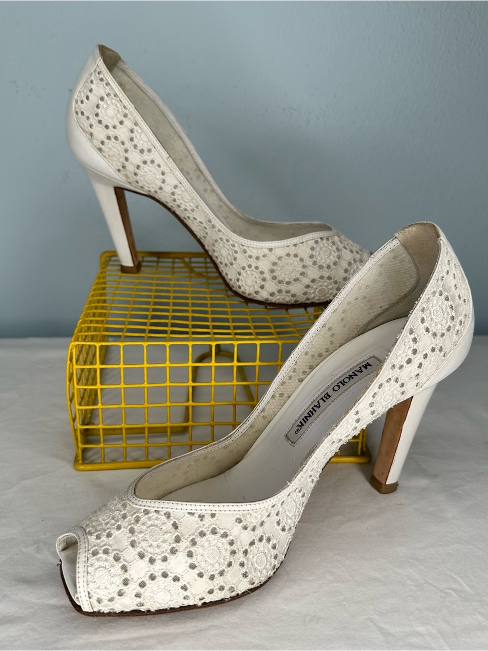 Manolo Blahnik Leather & Lace Peep-Toe Pumps